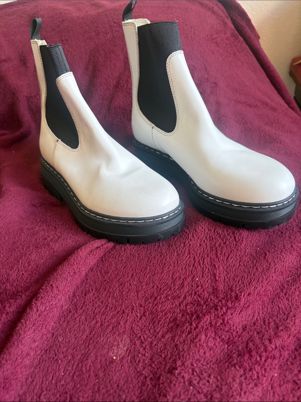 Marc Fisher White Leather Chelsea Lug Platform Booties with Black Panels